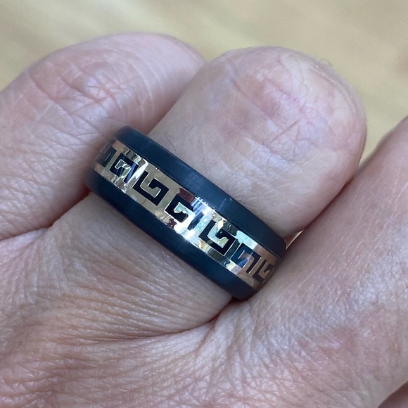 8mm Men Women Tungsten Ring Black Yellow IP plated Dome Greek Key Inlay - Picture 7 of 8